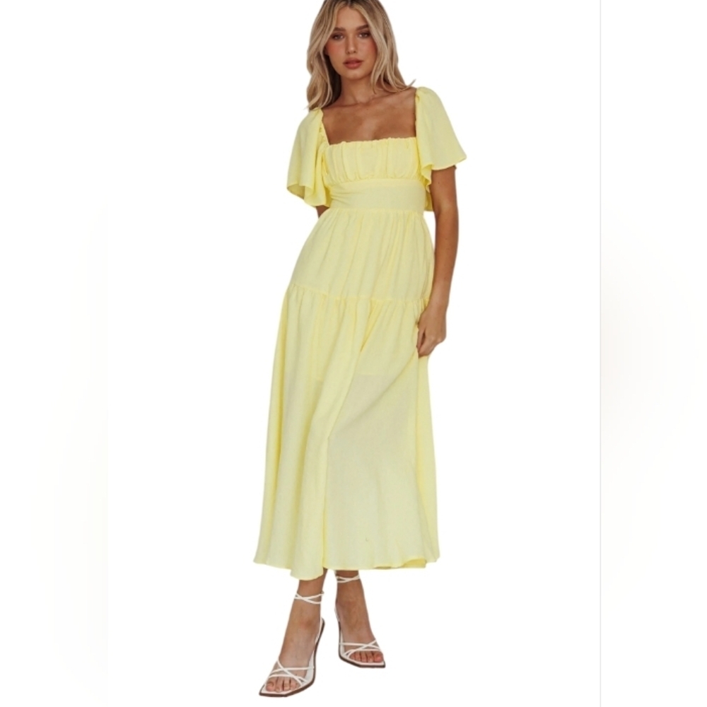 Mika & Gala Lula Lemon Butter Gathered Bust Tiered Midi Dress Size Medium NWT